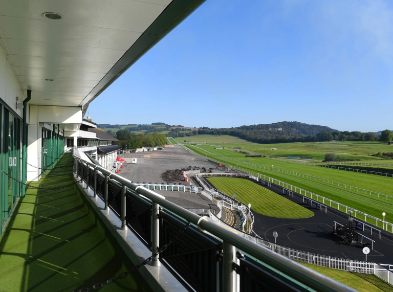 Views of a racecourse from a balcony.