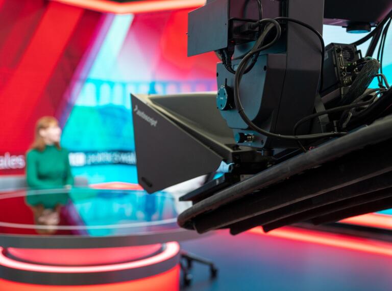 camera facing presenter in BBC Cymru Wales studio 