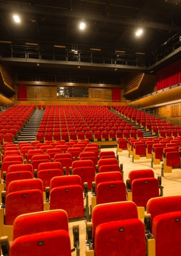 Fold up chairs in a tiered theatre style conference venue.