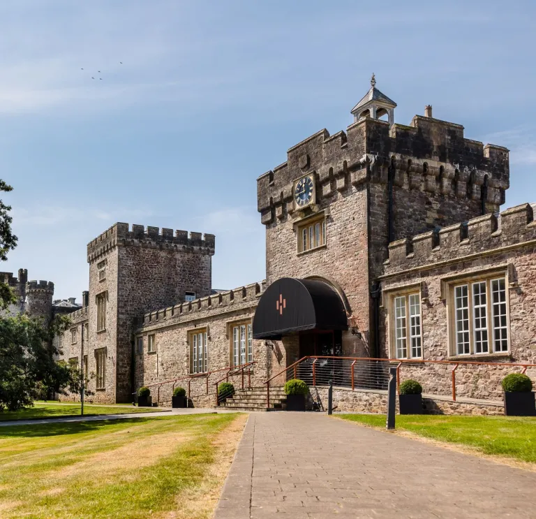 A path leading to a castle distillery with a large tree next to it.