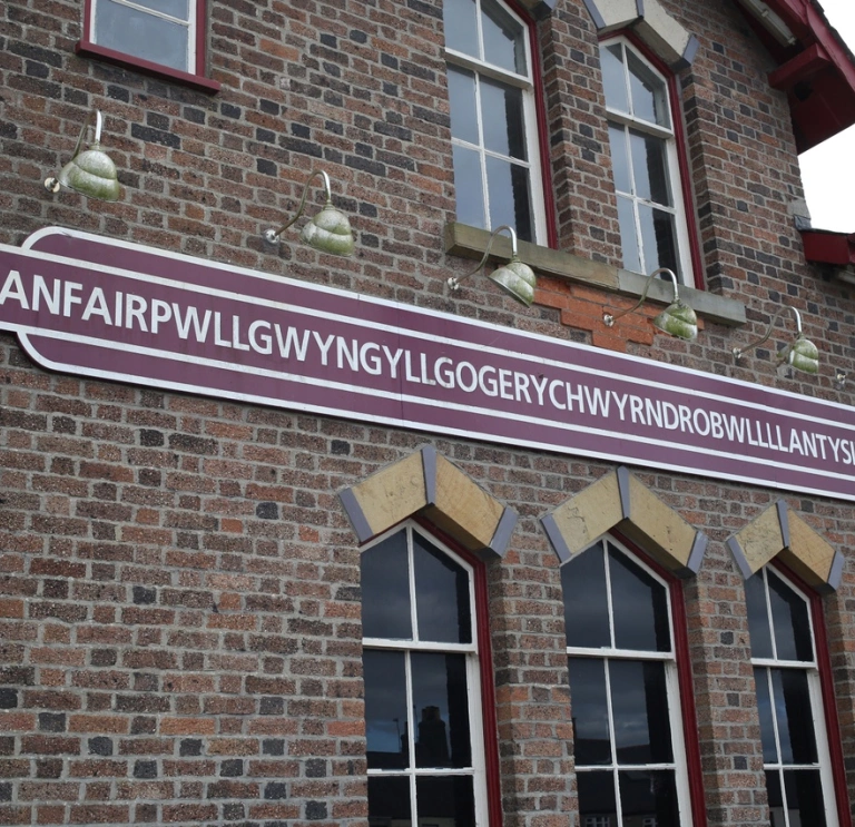 A sign on a railway station which shows off the 58 character longest name.