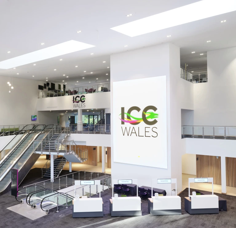 Inside the main foyer area of the ICC Wales.