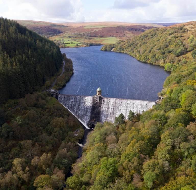 Aerial view of a river flowing over an open dam surrounded by trees and mountains.