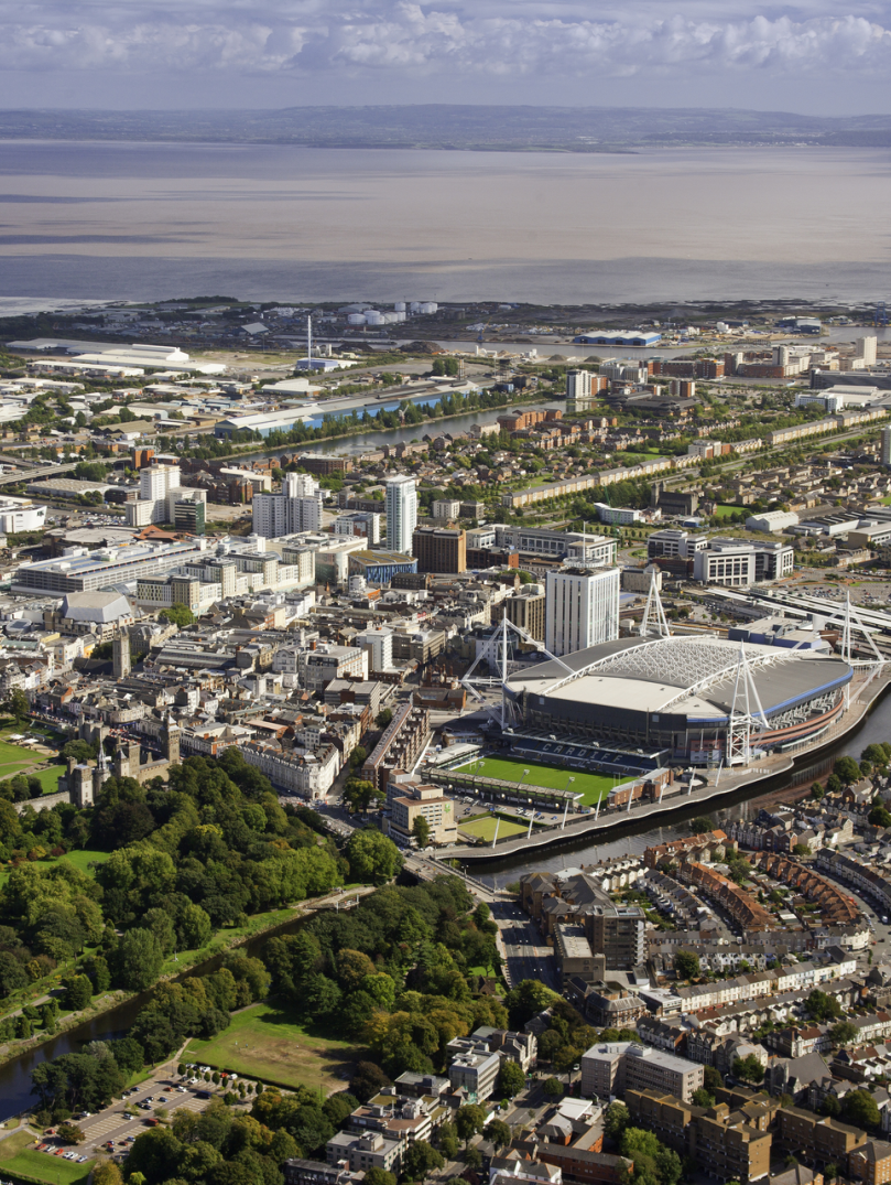 Aerial view of Cardiff looking towards Cardiff Bay and the channel.